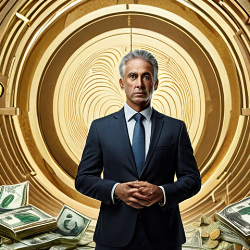 Home 4 **Stable Cash Flow Amidst Volatility:** A calm and confident investor, perhaps a well-dressed professional, stands centered in the frame. Around them, the background subtly depicts a turbulent, abstract financial market with gentle swirls and muted colors, yet they remain serene. Golden streams of coins or abstract currency symbols flow steadily towards their hands or into a conceptual "account" below them, symbolizing stable and predictable income. The overall mood is one of peace and security despite external uncertainty. Emphasize realistic rendering with a touch of conceptual art and soft, reassuring lighting.